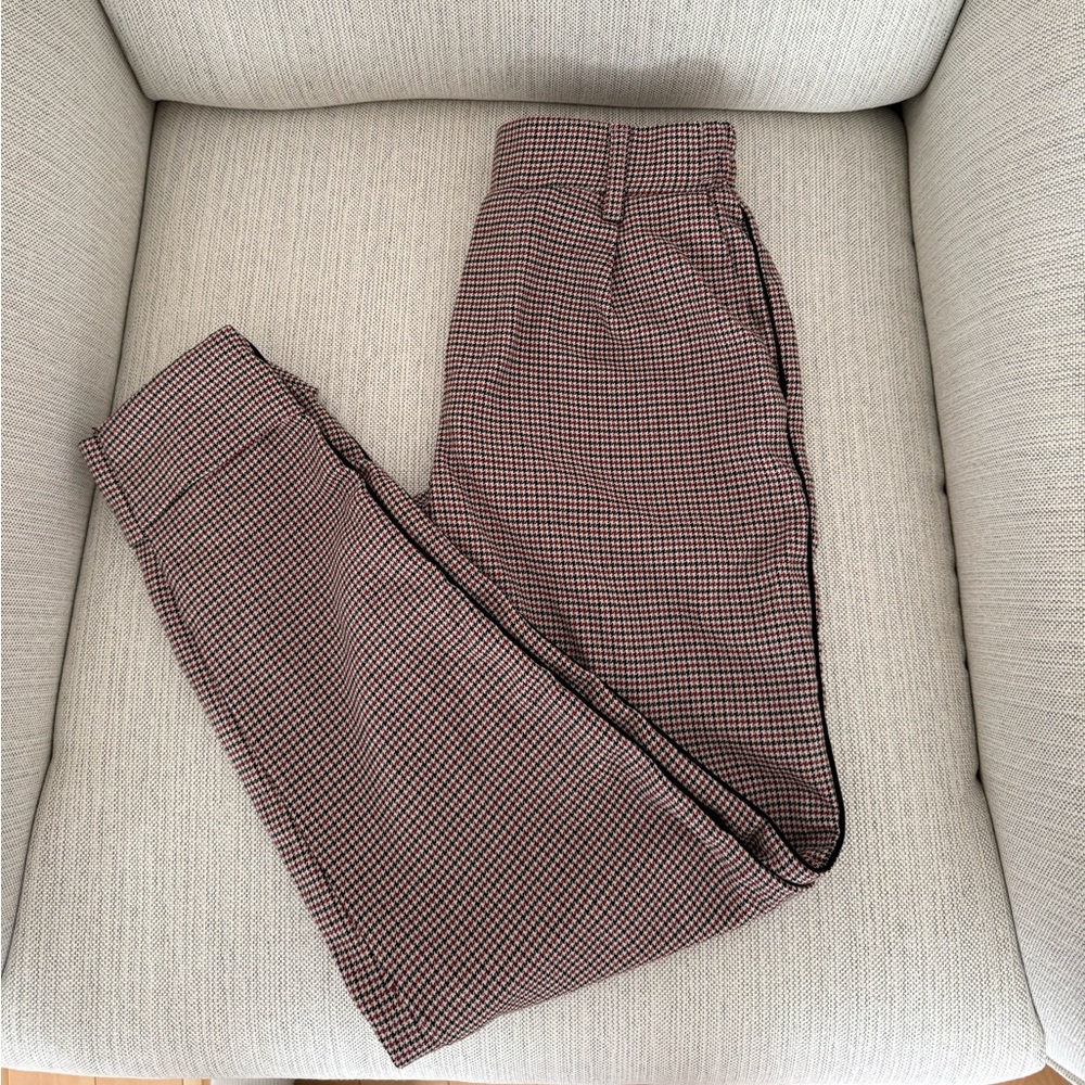 WOMEN BERSHKA CLASSIC TAILORED PANTS SMALL CHECKED PATTERN BURGUNDY BLACK CREAM
